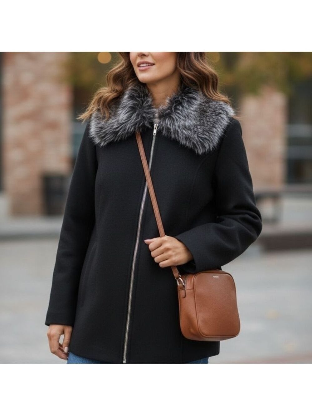 Susan Graver Black Trench  Jacket Coat with Faux Fur Wool Winter Large - Picture 2 of 5